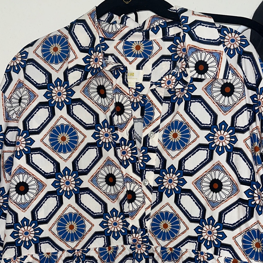 Maeve  Bettina midi tiered Shirt Dress Blue and White Geometric Floral Shirt